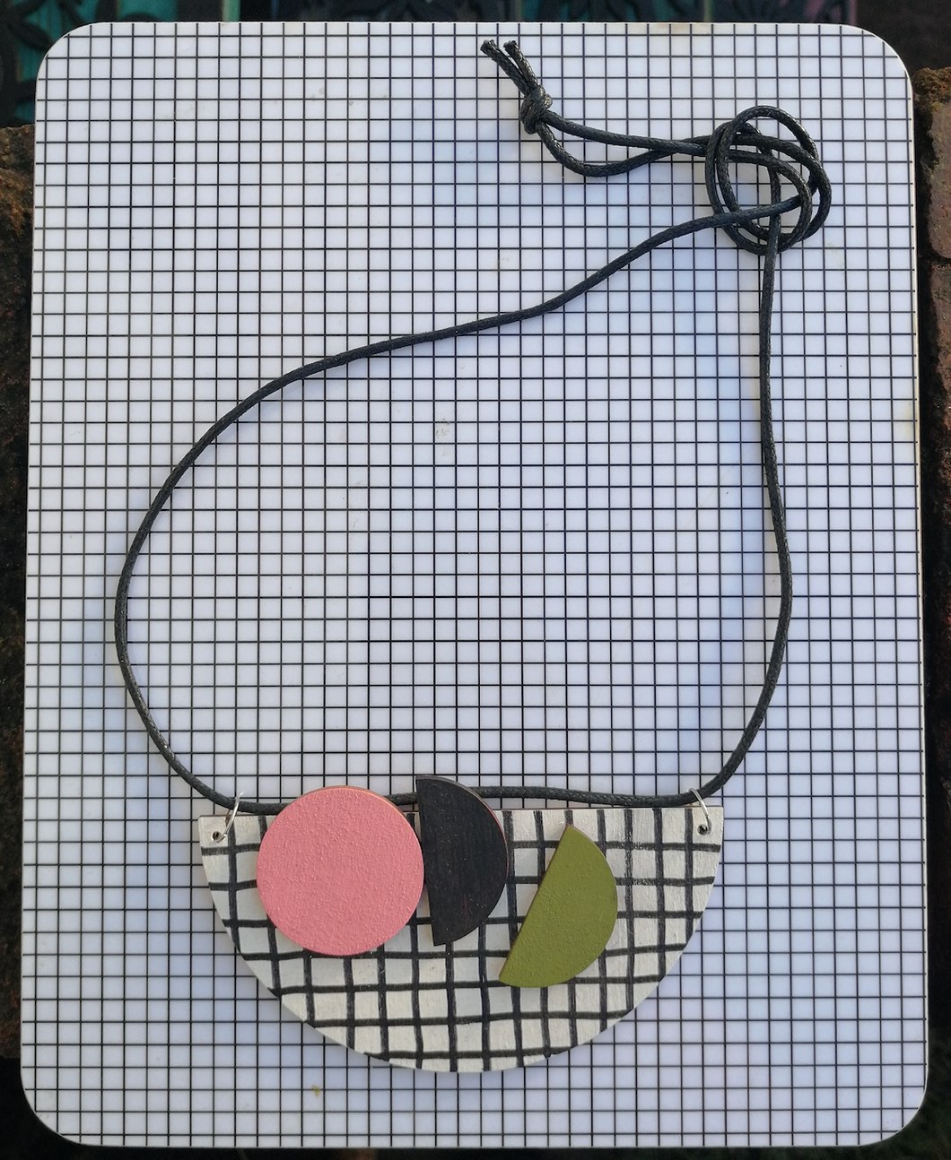 SATELLITE statement necklace - grid with coral, black and olive